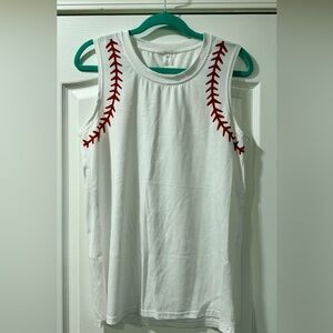 White Tank Top with Red Baseball Stitching - L